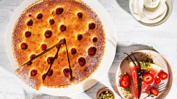 Raspberry frangipane tart (left) and watermelon and strawberry salad.