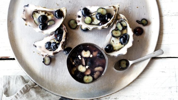 Three Blue Ducks' oysters and pickled blueberries.