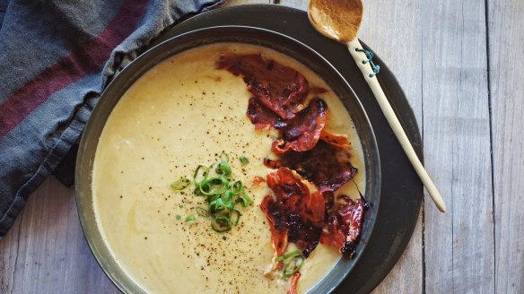 Creamy leek, potato and bacon soup with crispy prosciutto.