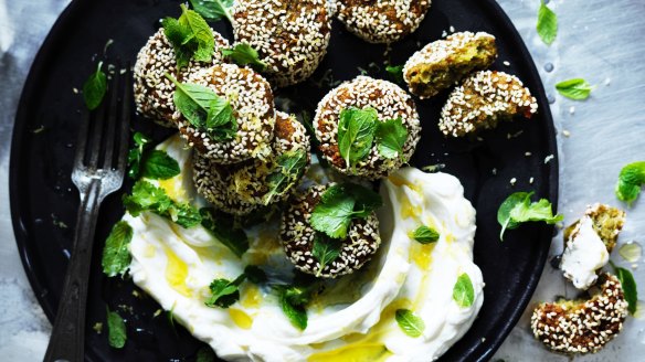 Neil Perry's broad bean falafels with mint labna.