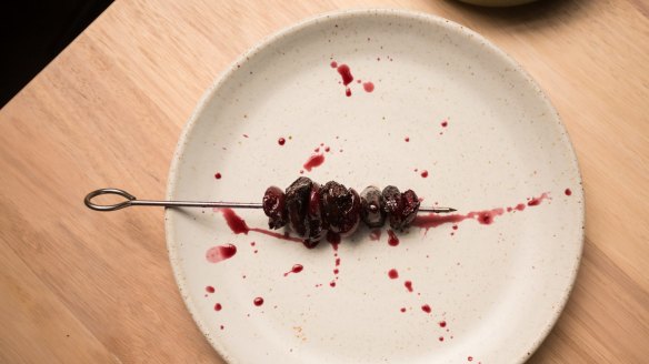 Chicken heart and cherry skewers are for offal lovers. 