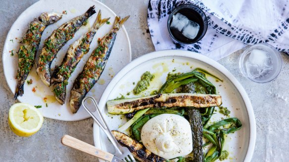 Barbecued sardines and burrata with charred zucchini and spring onions 