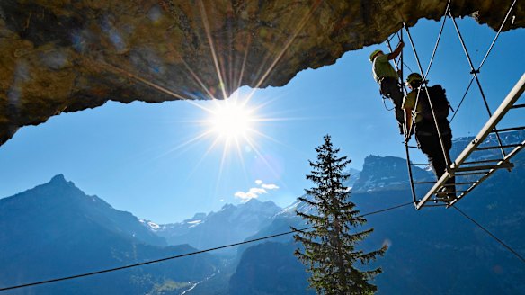 The famous ladder of the via ferrata Allmenalp (Kandertal).