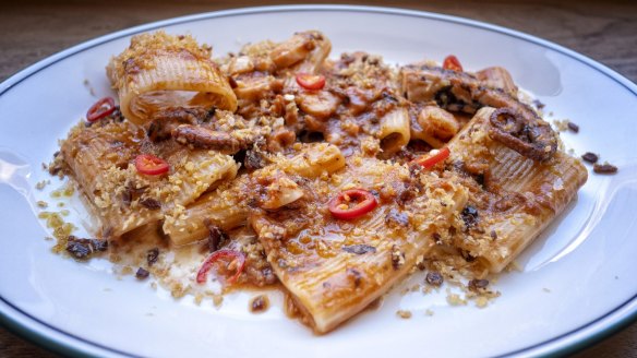 Paccheri with octopus, chilli and a prosciutto crumb.