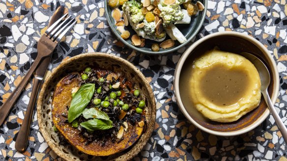 Sides include mashed potato with 48-hour gravy (right).