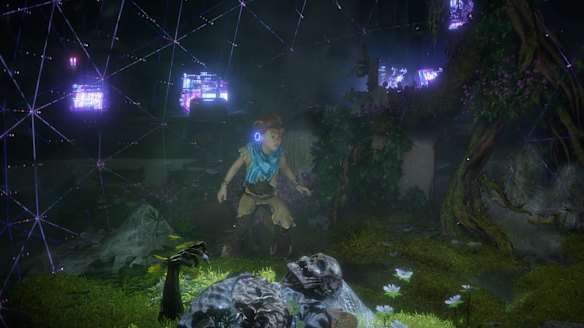 Aloy, as a child, finds the ancient data device she calls her Focus.