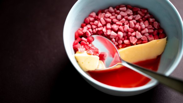 Mead vinegar custard with frozen raspberries and strawberry consomme.