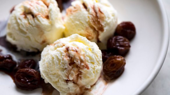 Grapes caramelised in honey and wine make a sweet-tart topping for ice-cream.