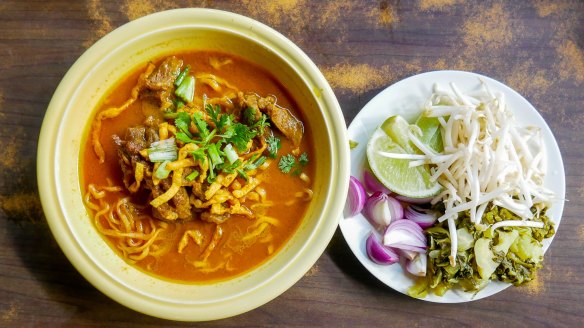 Khao soi, a curried chicken noodle soup from northern Thailand.
