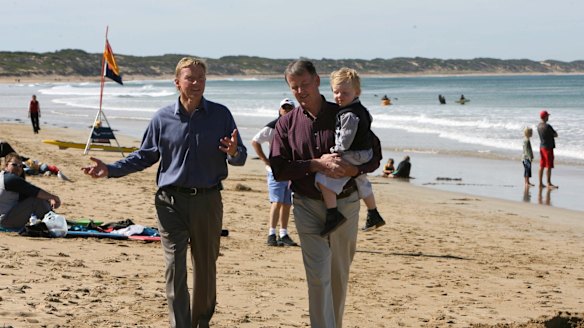 Former Acting premier John Thwaites and Minister for Planning Rob Hulls, with son Jack, at Ocean Grove.