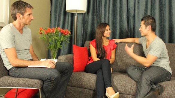 Sydney dating coach James Maclane, left, gets men to practise interacting with women.