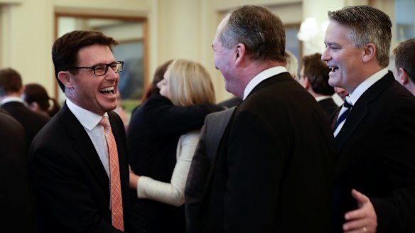 New Agriculture and Water Resources Minister David Littleproud, with Deputy Prime Minister Barnaby Joyce and Finance Minister Mathias Cormann.