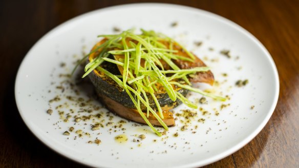 The roast pumpkin is served skin-on and dusted with a native dukkah.