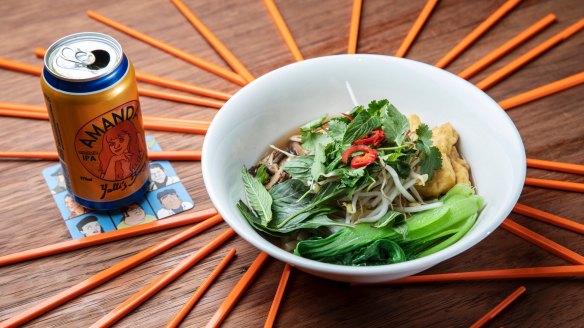 The shiitake-based pho with puffed tofu and bean sprouts.