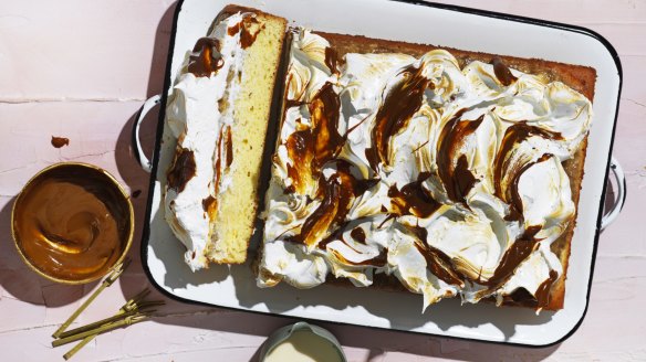 Danielle Alvarez's milk-soaked cake decorated with soft Swiss meringue and dulce de leche.