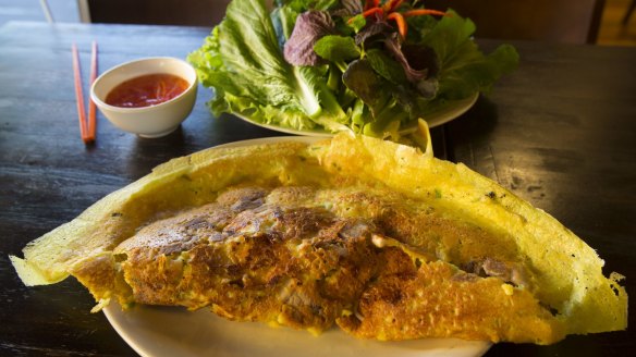 Sunshiny yellow banh xeo (Vietnamese pancake) served at Co Do in Sunshine.