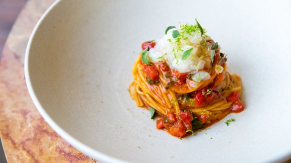 Summery dishes: Spaghetti chitarra with cured scallop. 