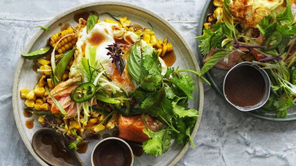 Corn and smoked trout salad crowned with a crisp-fried egg.
