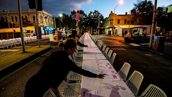 Setting up for the Longest Lunch in Lygon Street, Carlton as part of the Melbourne Food and Wine Festival.