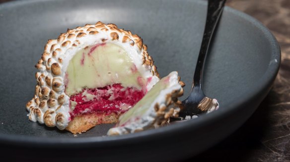 Pistachio and raspberry bombe Alaska.