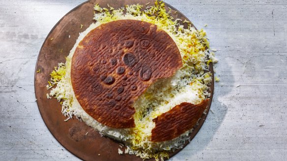 Persian rice with bread (or tortilla) crust.
