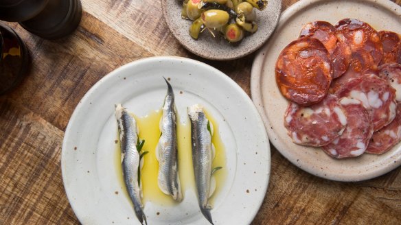 Stuffed olives, charcuterie and white anchovies at Harvest.
