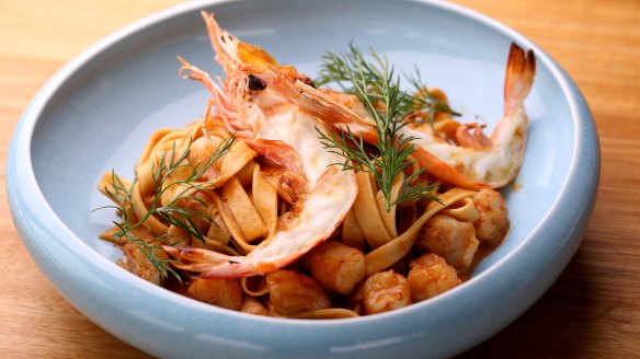 Tagliatelle with prawns and crayfish bisque.