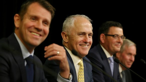 Mike Baird with Prime Minister Malcolm Turnbull, Victoria Premier Daniel Andrews and Western Australia Premier Colin Barnett. 