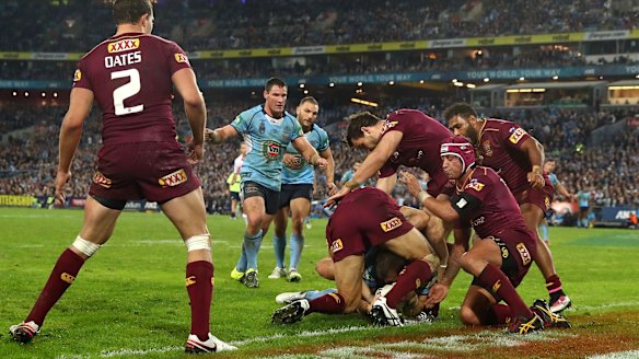 So close: Josh Morris goes within centimetres of scoring for NSW.