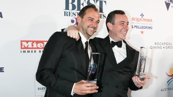 Daniel Humm and his business partner Will Guidara celebrate at the World's 50 Best Restaurants awards in Melbourne. 