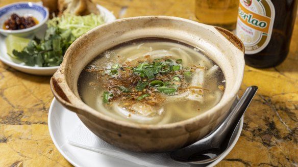 Khao piak sen - a comforting cockerel and tapioca noodle soup.