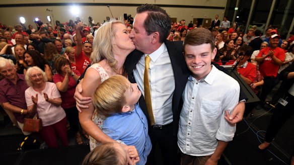 The McGowans savour the moment after Mr McGowan delivered his victory speech on Saturday night.