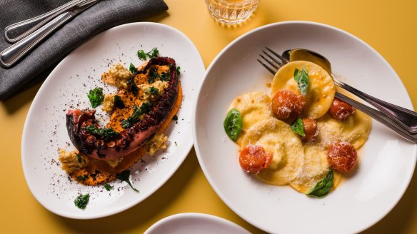 Chargrilled octopus, panisse, pesto trapanese and ricotta ravioli, cherry tomatoes, basil. 