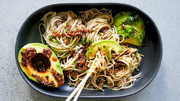 Soba noodles with cheat's crunchy chilli oil and avocado.