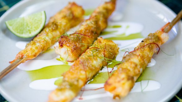 Grilled king prawn skewers at Atomic Beer Project.