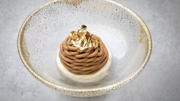 Mont blanc made with roasted artichoke caramel, Italian meringue, crushed savoiardi biscuits and salted chantilly.