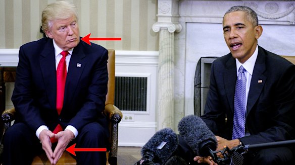 Indications of body language cues in the first meeting between Donald Trump and Barack Obama.