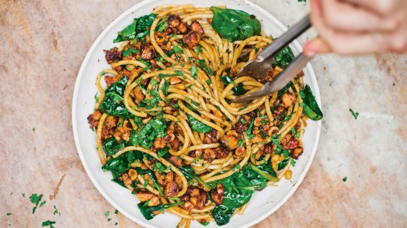 Buttery, salty, crunchy and umami-rich: Crumbled miso tempeh pasta.