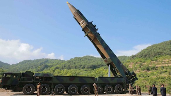 A file photo of what North Korea says was the launch of a Hwasong-14 intercontinental ballistic missile in early July.