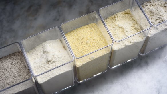 From left: buckwheat flour, coconut flour, polenta, gluten-free flour and oat flour.