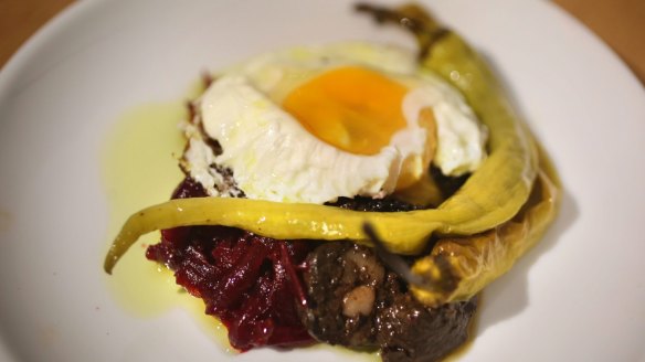 Pickled beetroot and fried egg.
