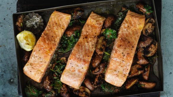 Speedy salmon on a bed of garlicky mushrooms and spinach.