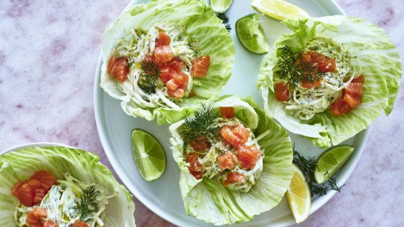 Salmon and dill lettuce cups.