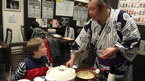 Jack with ex-professional wrestler Sagami-San, who explains the niceties of shabu shabu (hot pot) at his sumo restaurant in Matsumoto.