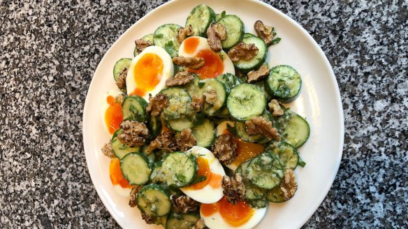 Attica owner-chef Ben Shewry's lunch salad recipe with cucumber, soft-boiled egg and walnuts. 