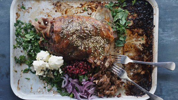 Zaatar roasted lamb shoulder with pomegranate salad.