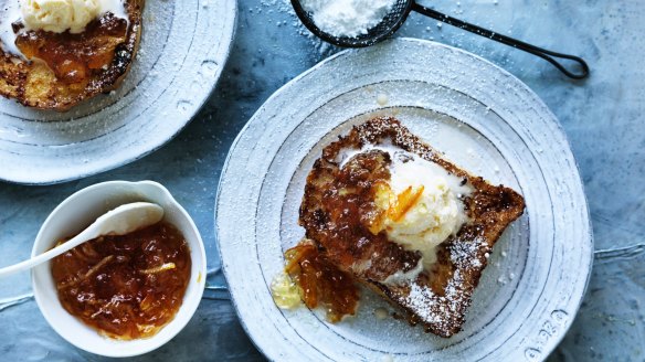 Caramel french toast with marmalade. 