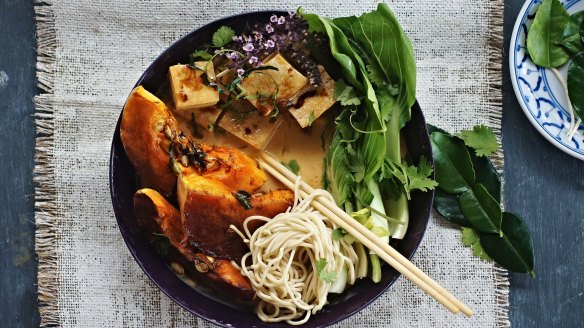 Kaffir lime pumpkin, fried tofu and coconut laksa.