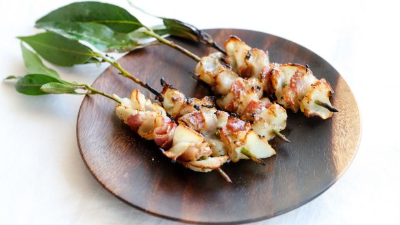 Barbecued blacklip abalone skewers with pancetta at Mimi's.  