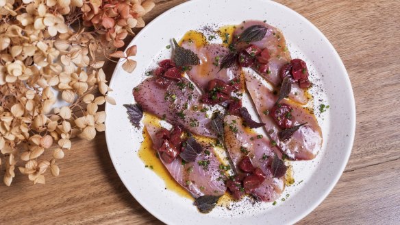 Go-to dish: Bonito crudo with burnt honey and rhubarb-boshi.